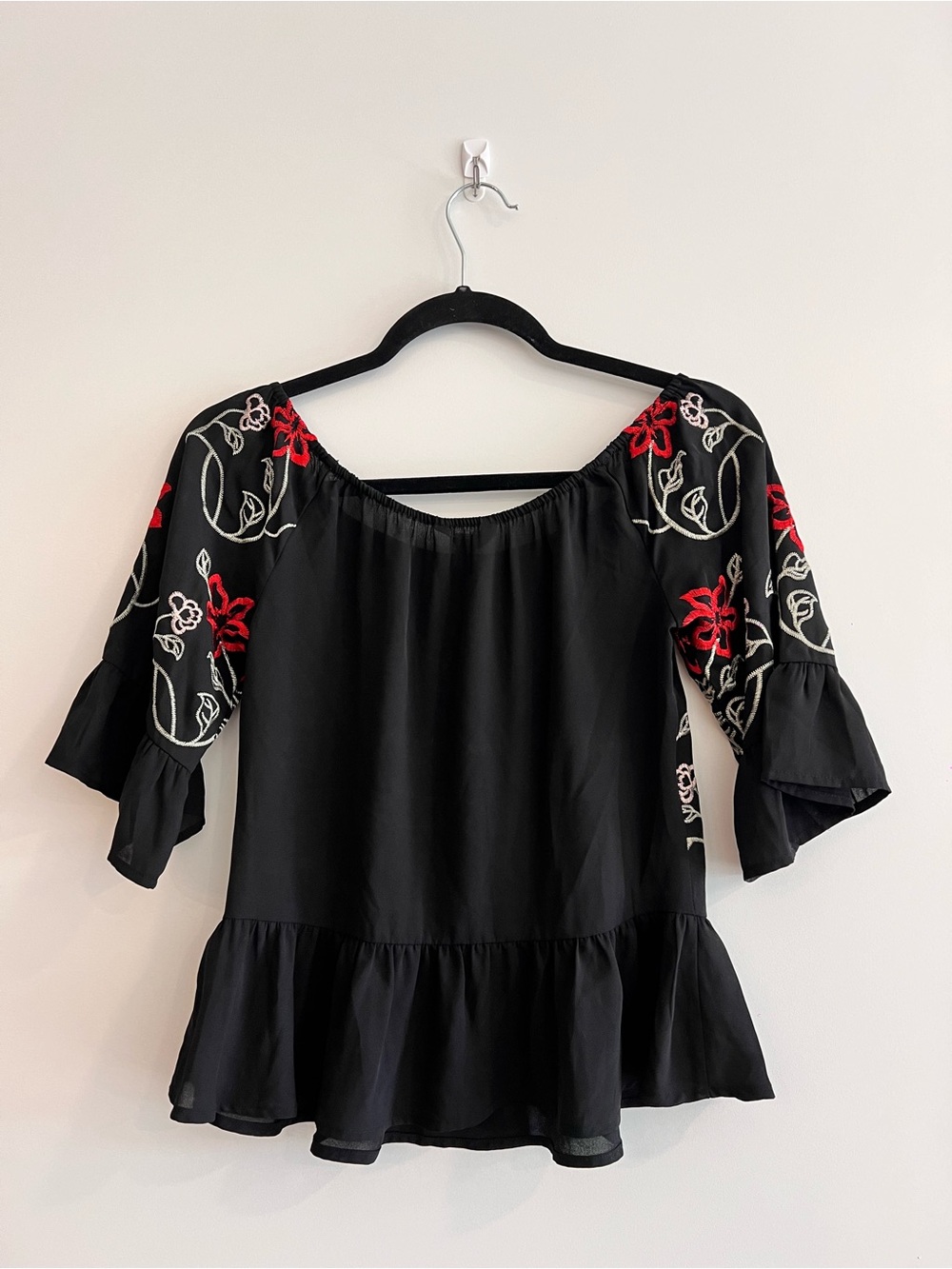 Candie's Black Off-Shoulder Peplum Blouse with Red and Cream Floral Embroidery - Picture 4 of 4